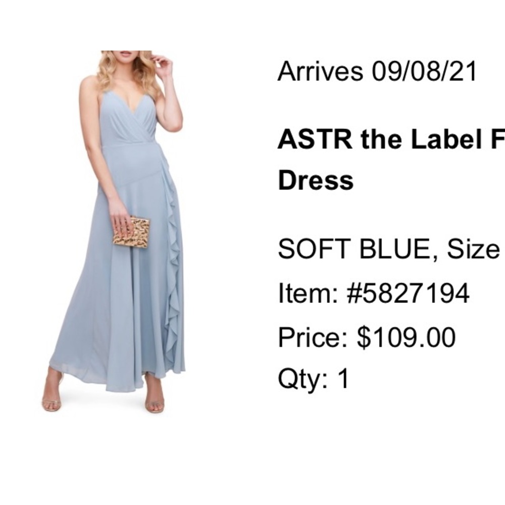 Long baby blue dress worn only once and had it professionally cleaned.